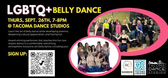 An advertisement for a belly dance class with Tacoma Dance Studios on Thursday, September 26th, from 7-8pm. The event will be happening at Tacoma Dance Studios on 1127 Broadway Ave, Tacoma, WA 98402 