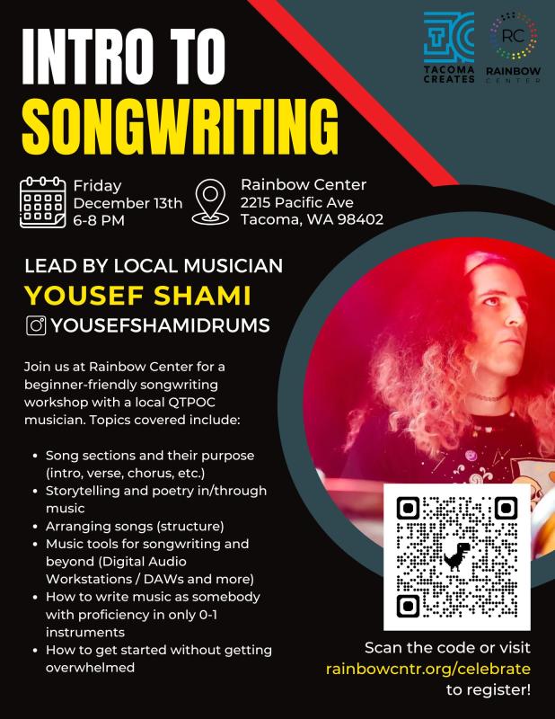 A poster containing the information for the Intro to Songwriting event on Friday, December 13th, from 6-8pm at Rainbow Center.